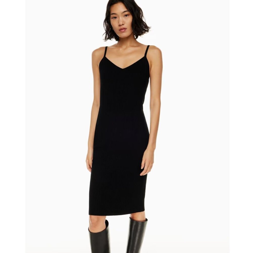 Wilfred Aritzia Waltz Knit Midi Dress Ribbed Stretch Bodycon Black Size L